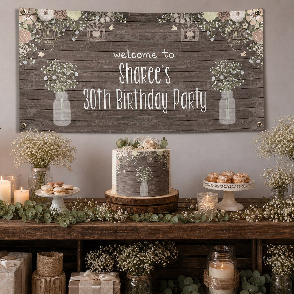 Rustic timber and baby's breath birthday decorations with personalised banner and matching cake