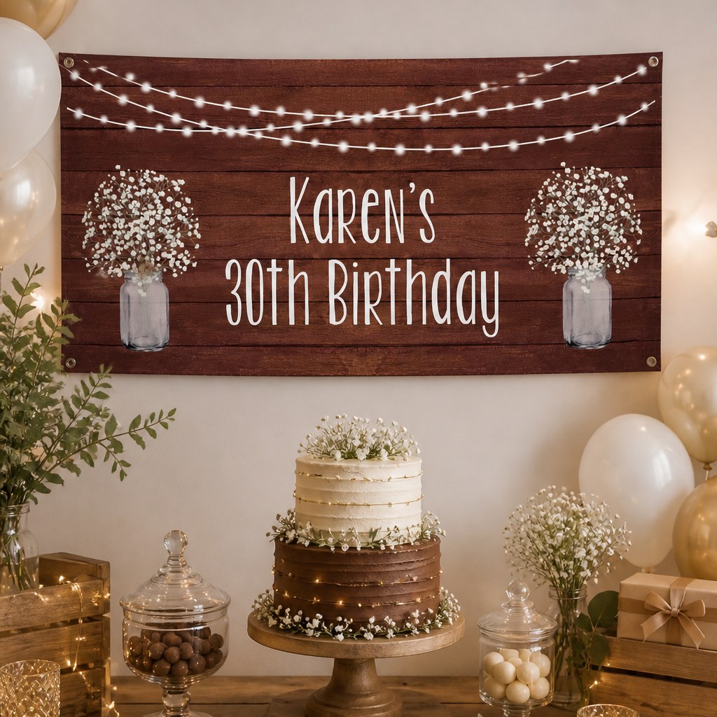 Rustic timber and fairy lights 30th birthday setup with Karen's personalised banner and matching cake