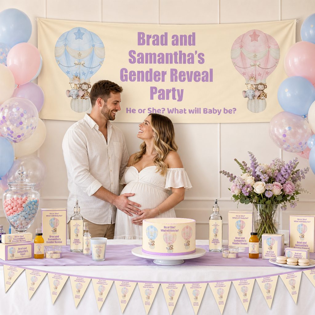 Personalised safari animals gender reveal decorations with pastel hot air balloon banner and matching cake