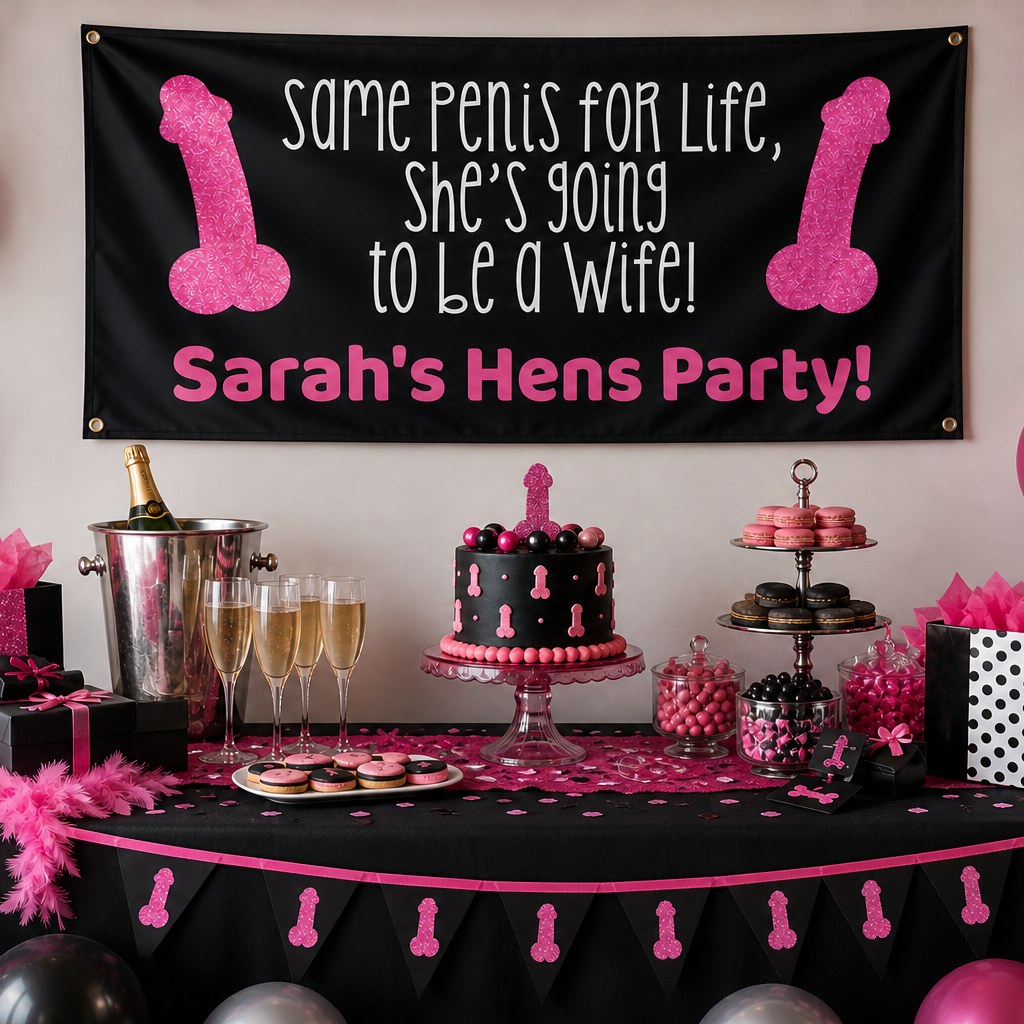 Same Penis for Life hens party decorations with personalised black and pink banner