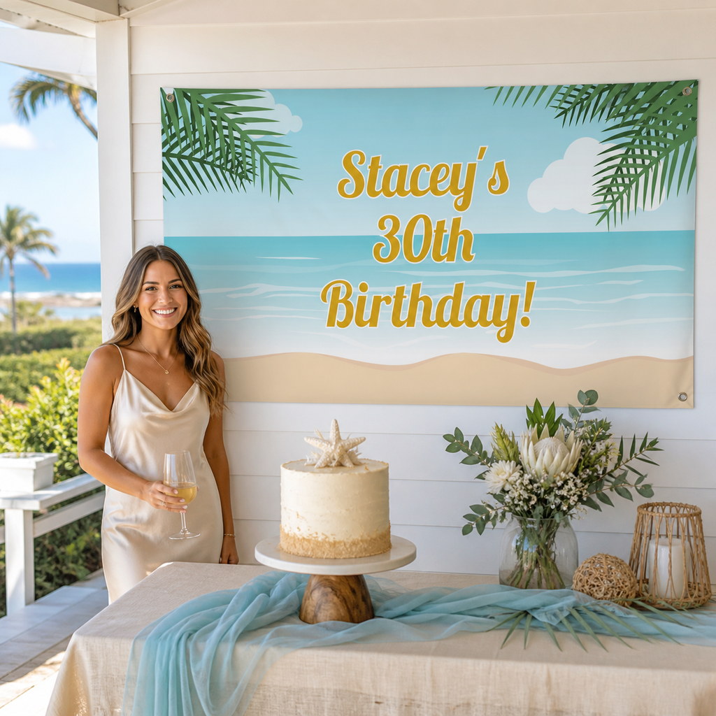 Personalised Sandy Beach 30th birthday decorations with Stacey's tropical banner and matching cake