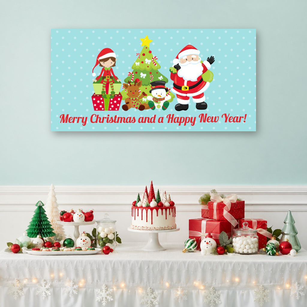 Santa and Friends Christmas dessert table with a festive character banner, white cake, red gifts and matching Christmas decorations.