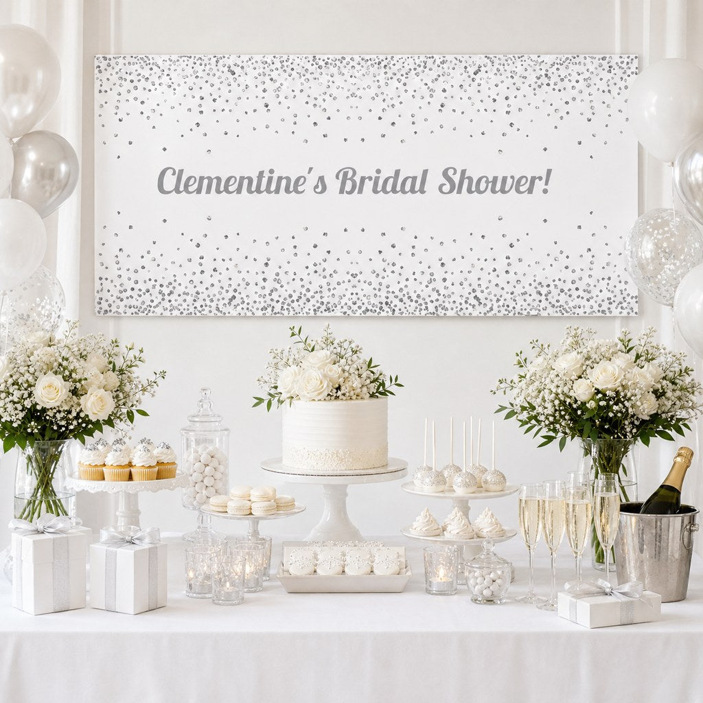 White and silver bridal shower dessert table with Clementine's personalised confetti banner, cake, flowers and decorations.
