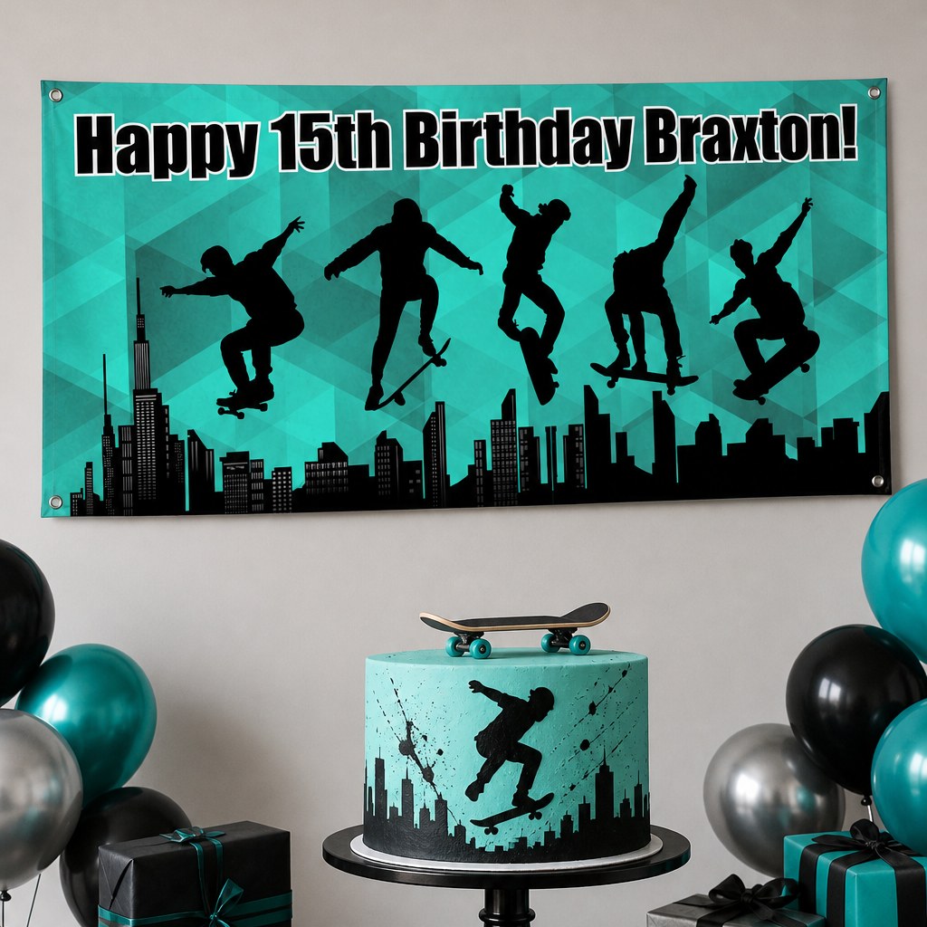 Skateboard fifteenth birthday setup with Braxton's personalised aqua city banner and matching cake