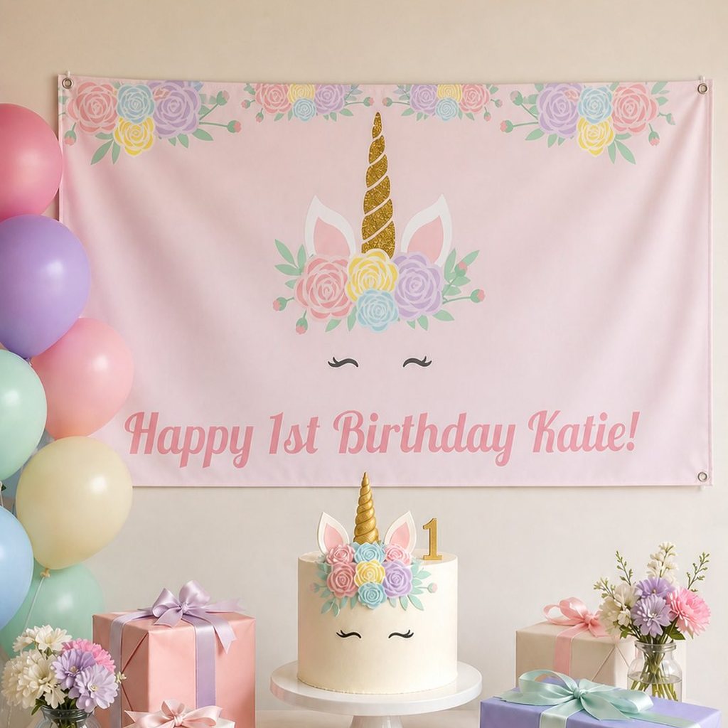 Personalised sleeping unicorn first birthday decorations with Katie's floral banner and matching cake