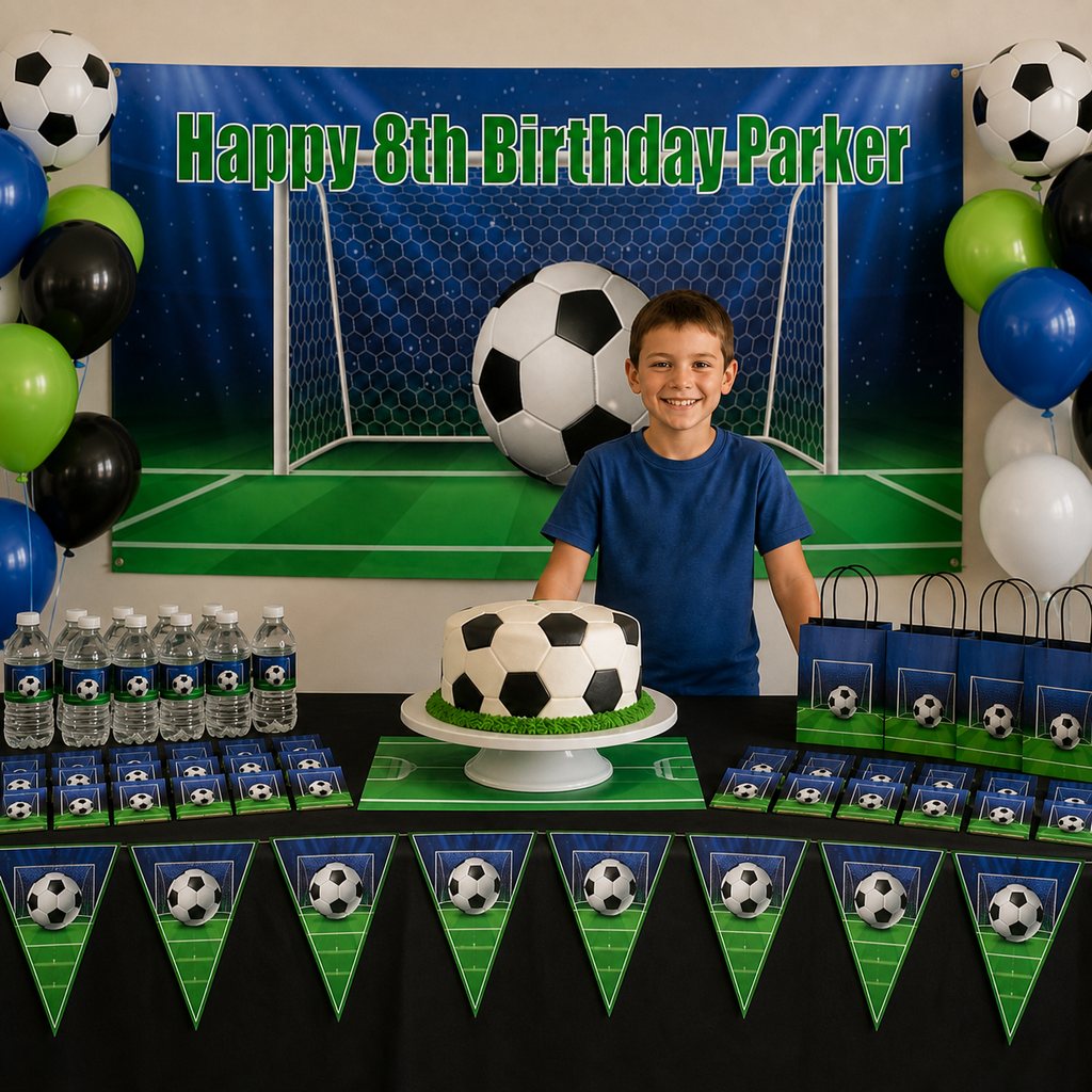 Custom soccer birthday party setup with a personalised banner, matching cake and coordinated decorations