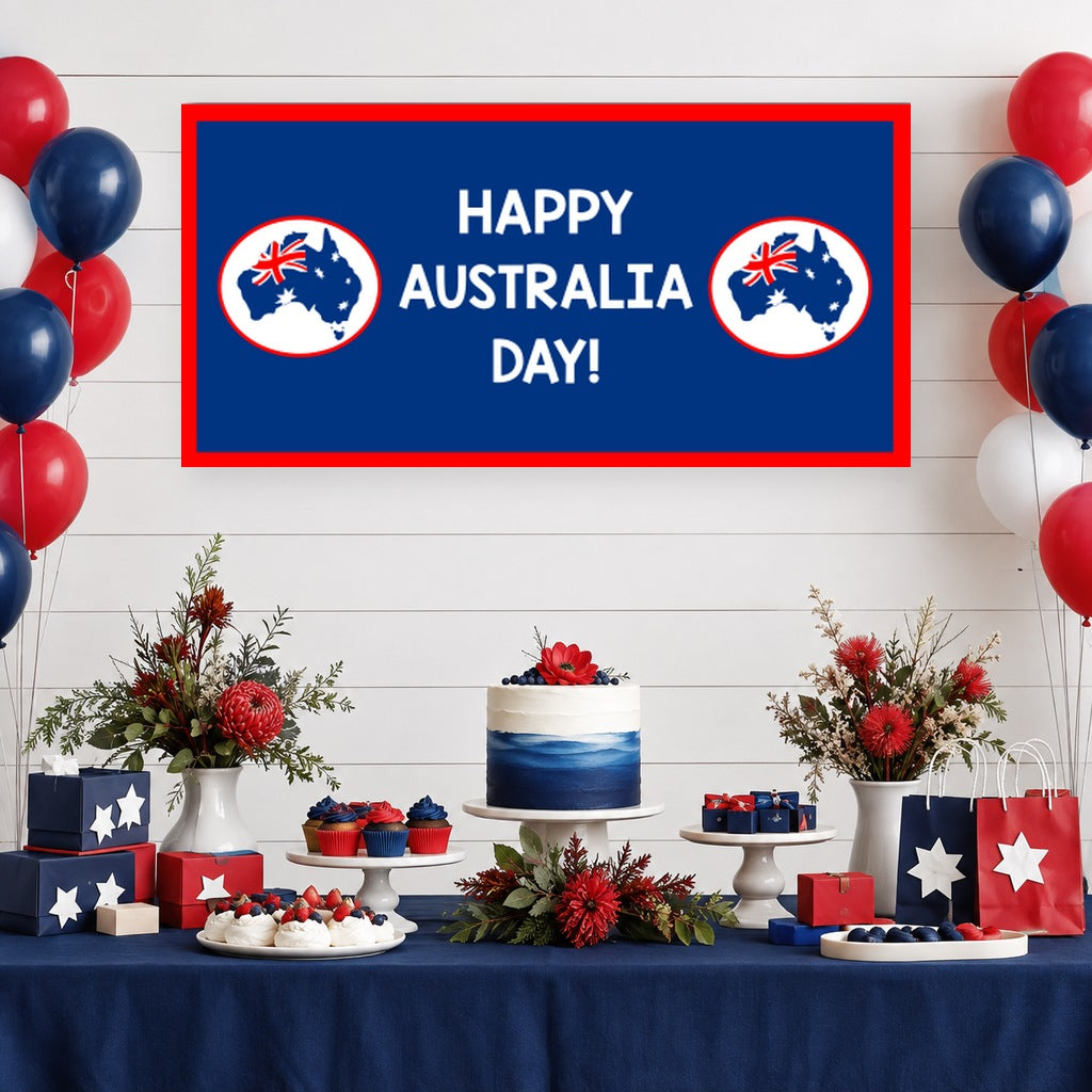 Southern Cross Australia Day dessert table with a red and navy banner, star-decorated cake, red and blue balloons and matching decorations.