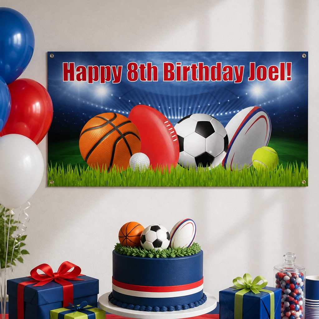Sports birthday setup with Joel's personalised multisport banner and matching navy celebration cake