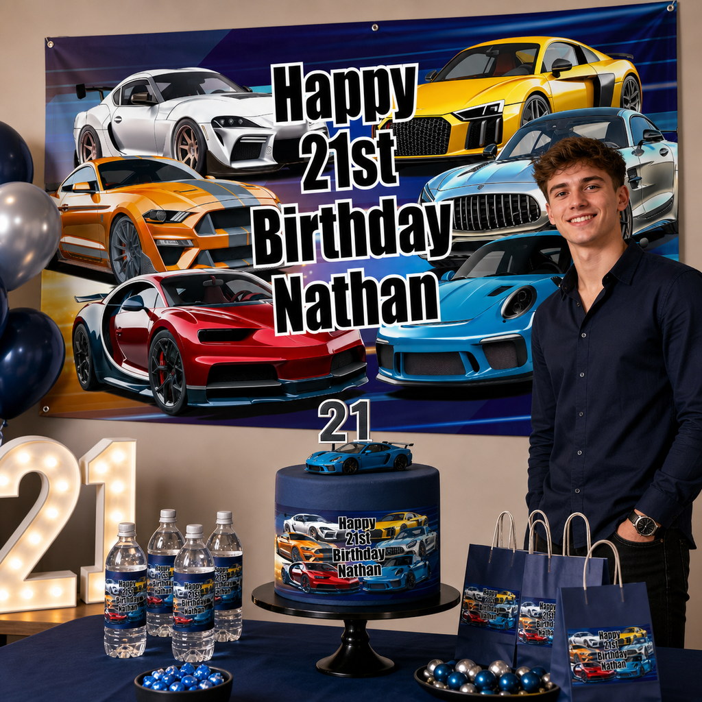 Personalised sports car 21st birthday decorations with Nathan's banner and matching cake