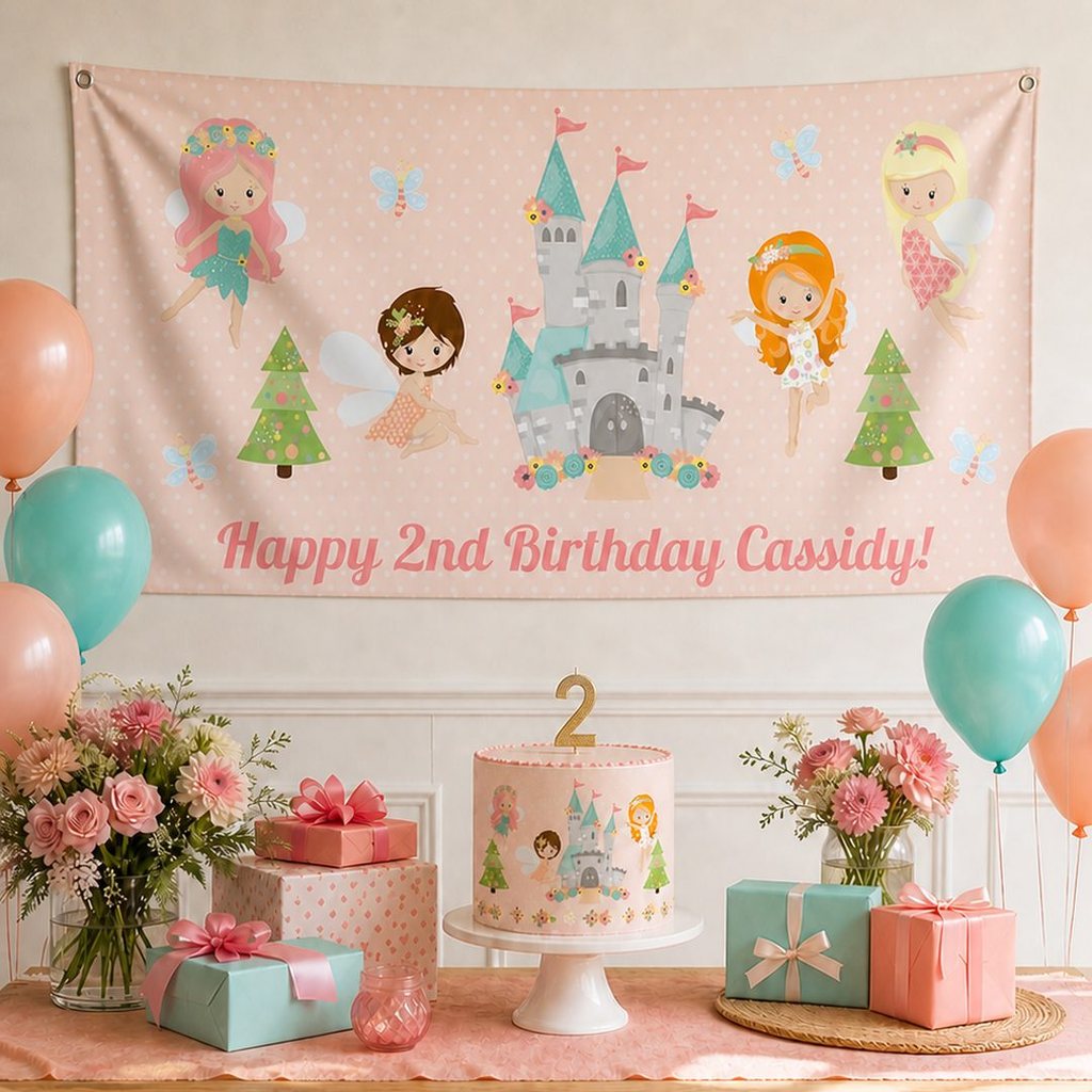 Personalised Spring Fairies second birthday decorations with Cassidy's custom banner and matching cake