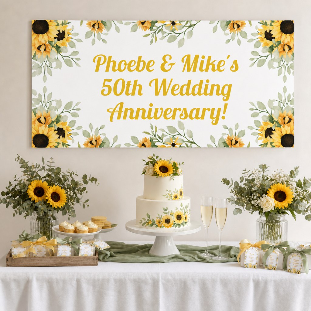 Sunflower Wedding Anniversary Decorations with a personalised banner, coordinated cake, sunflowers and sage foliage.
