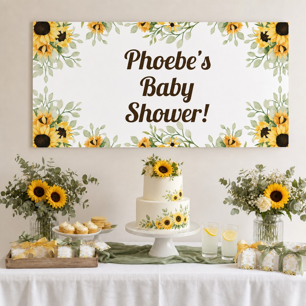 Sunflower Baby Shower Decorations with a personalised banner, coordinated cake, sunflowers and sage foliage.