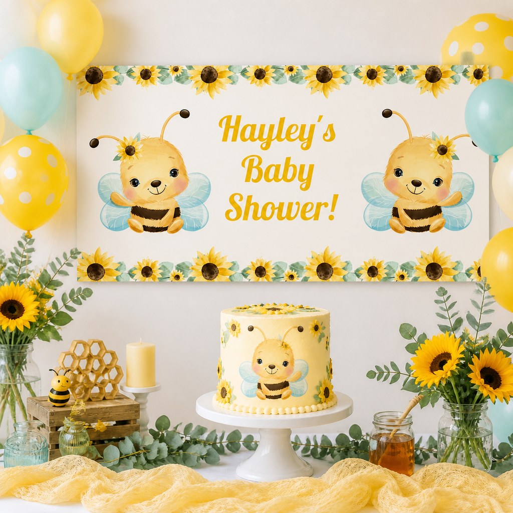 Sunflower & Honey Bee Baby Shower Decorations with a personalised banner, coordinated cake, sunflowers, honey bee artwork and soft aqua accents.