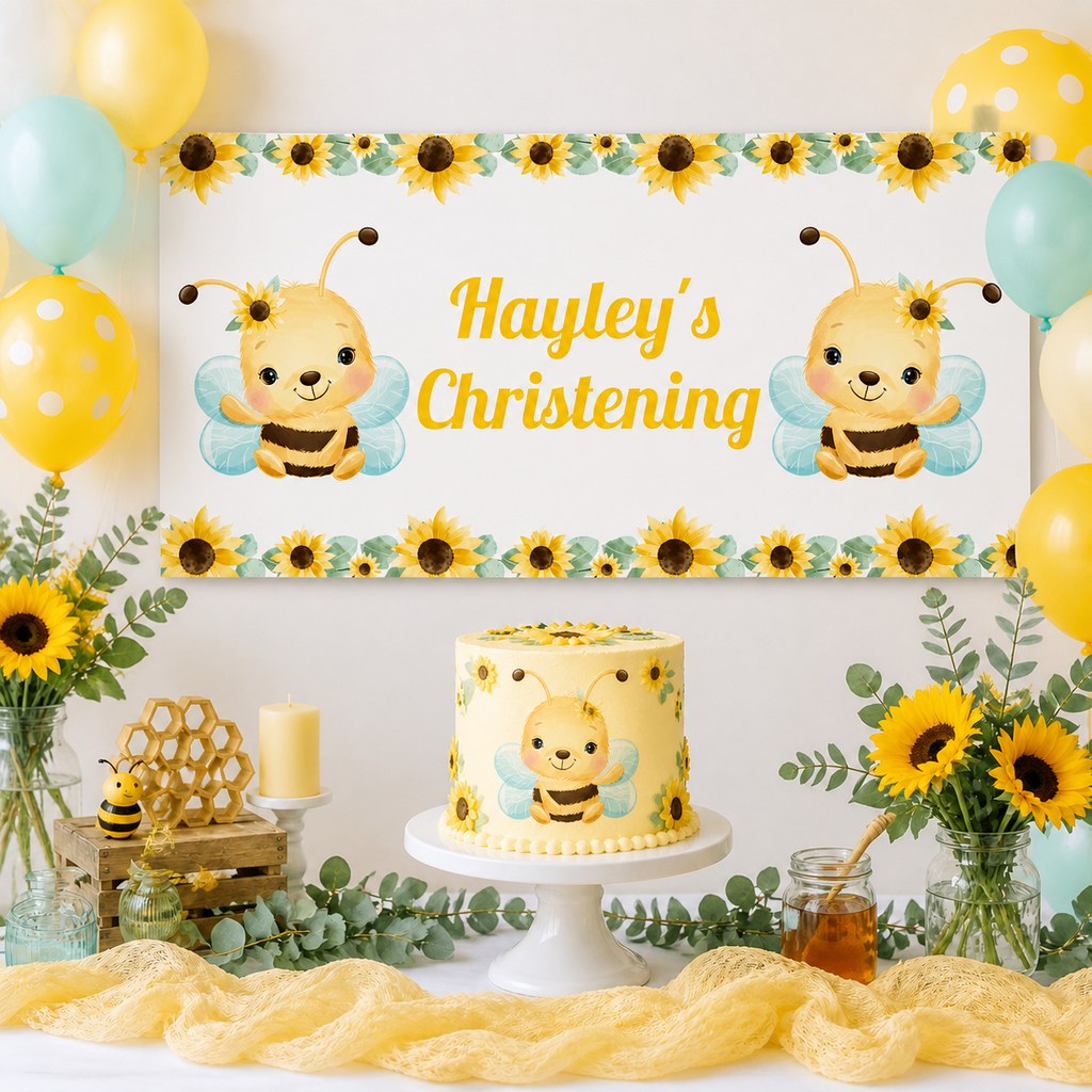 Sunflower & Honey Bee Christening & Baptism Decorations with a personalised banner, coordinated cake, sunflowers, honey bee artwork and soft aqua accents.