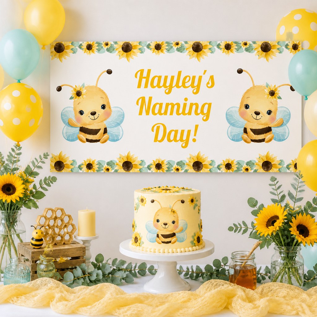 Sunflower & Honey Bee Naming Day Decorations with a personalised banner, coordinated cake, sunflowers, honey bee artwork and soft aqua accents.