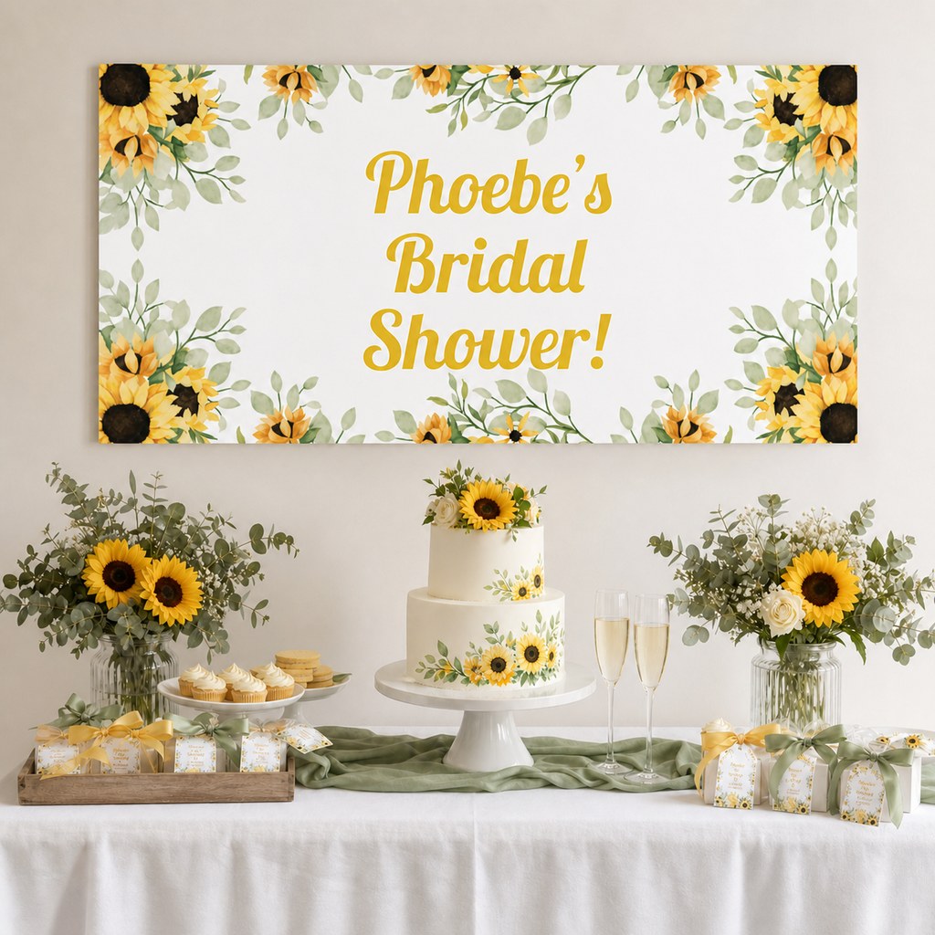 Sunflower Bridal Shower Decorations with a personalised banner, coordinated cake, sunflowers and sage foliage.