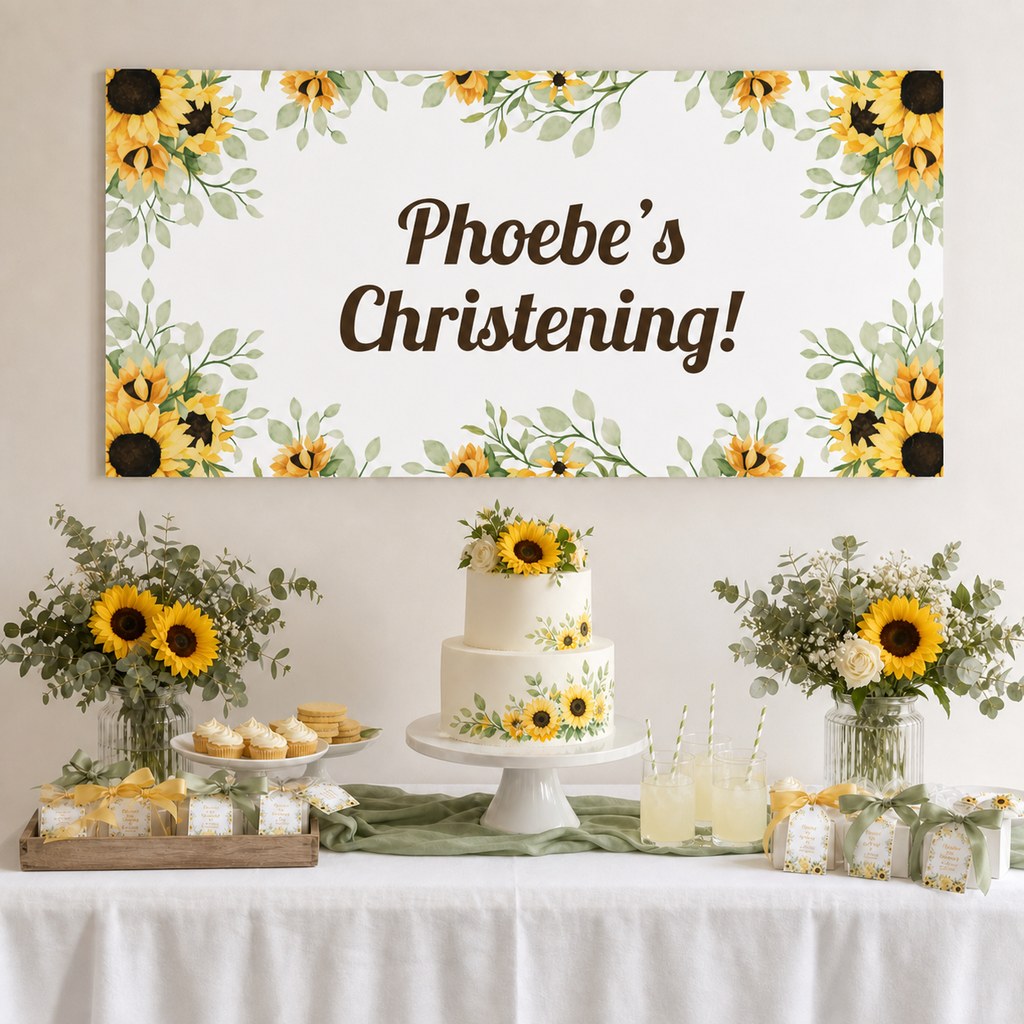 Sunflower Christening & Baptism Decorations with a personalised banner, coordinated cake, sunflowers and sage foliage.