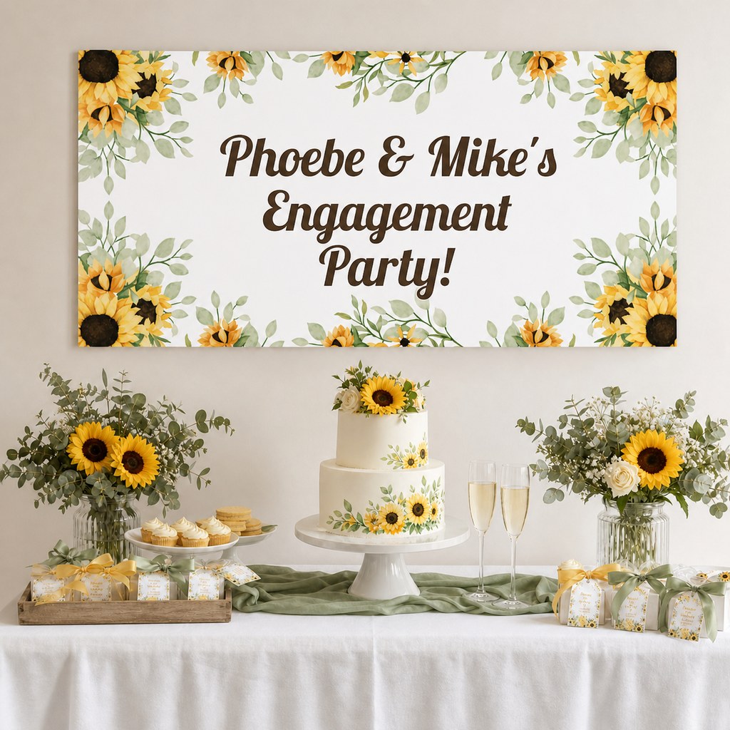 Sunflower Engagement Party Decorations with a personalised banner, coordinated cake, sunflowers and sage foliage.