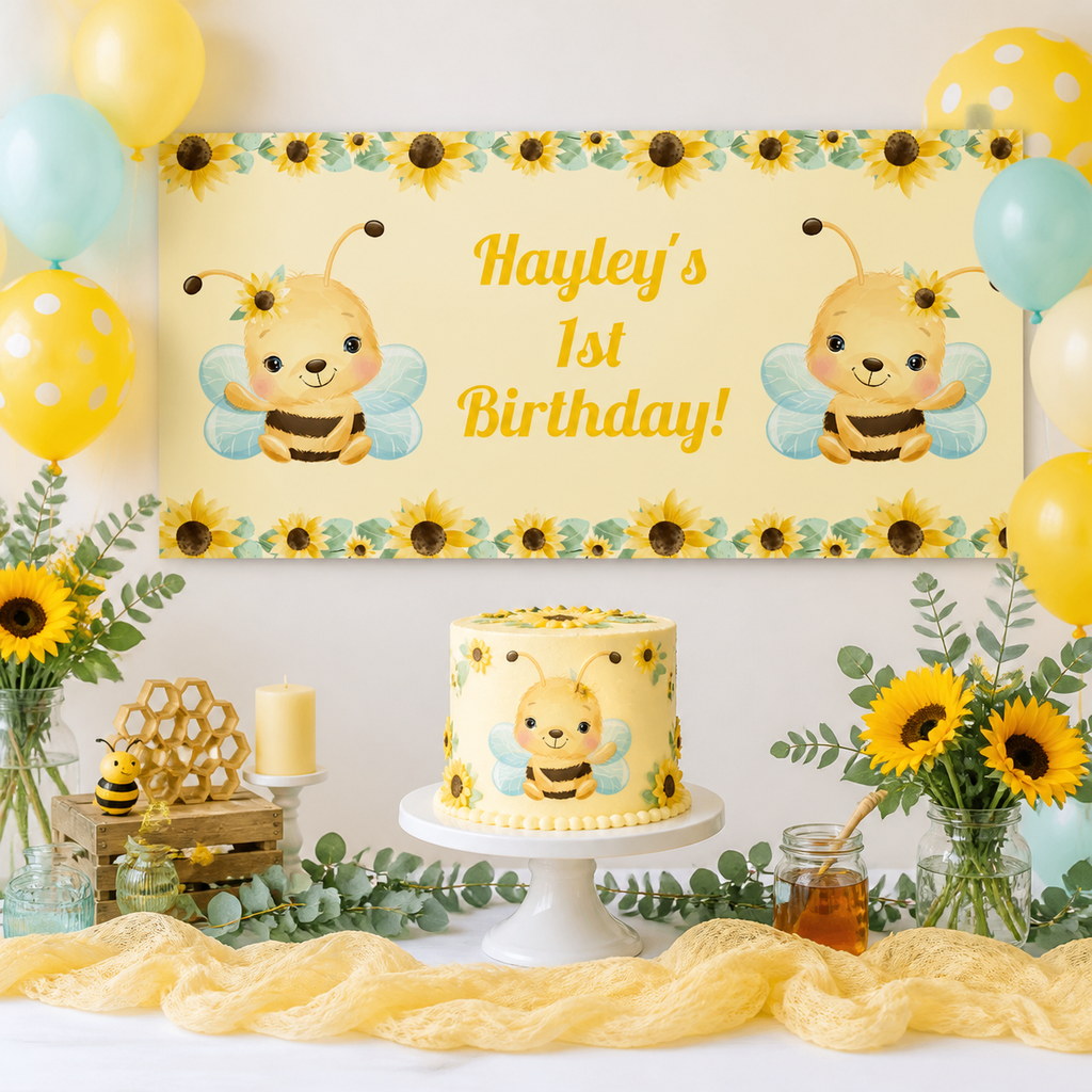 Personalised sunflower and honey bee first birthday decorations with Hayley's banner and matching cake