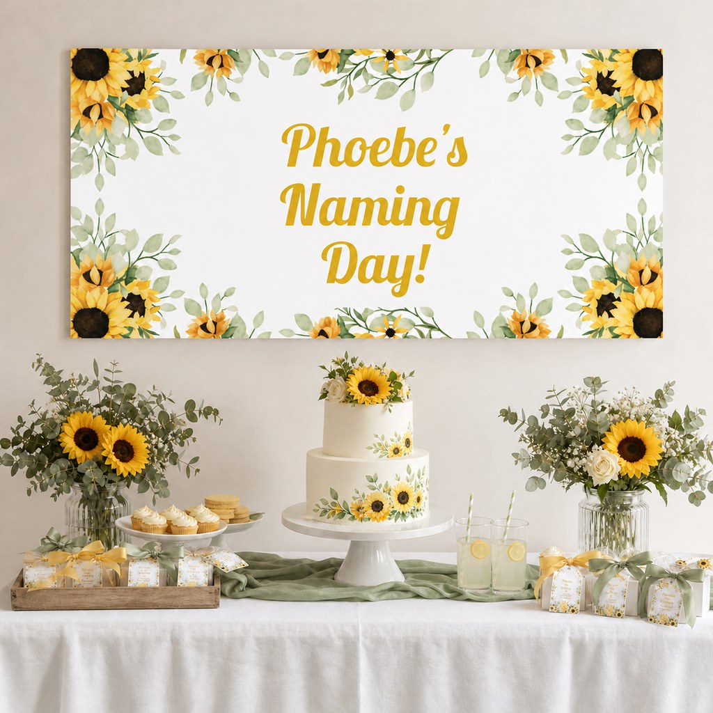 Sunflower Naming Day Decorations with a personalised banner, coordinated cake, sunflowers and sage foliage.