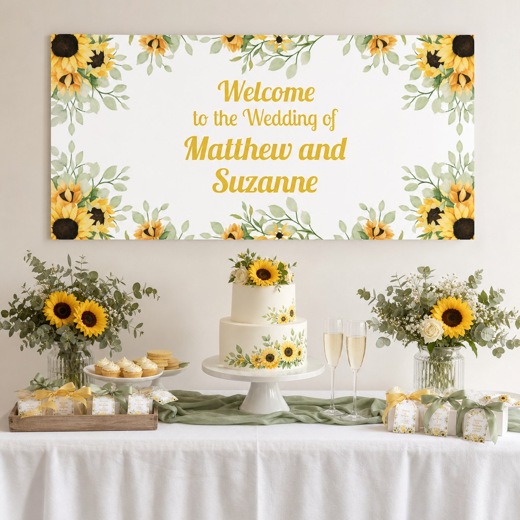 Sunflower Wedding Decorations with a personalised banner, coordinated cake, sunflowers and sage foliage.