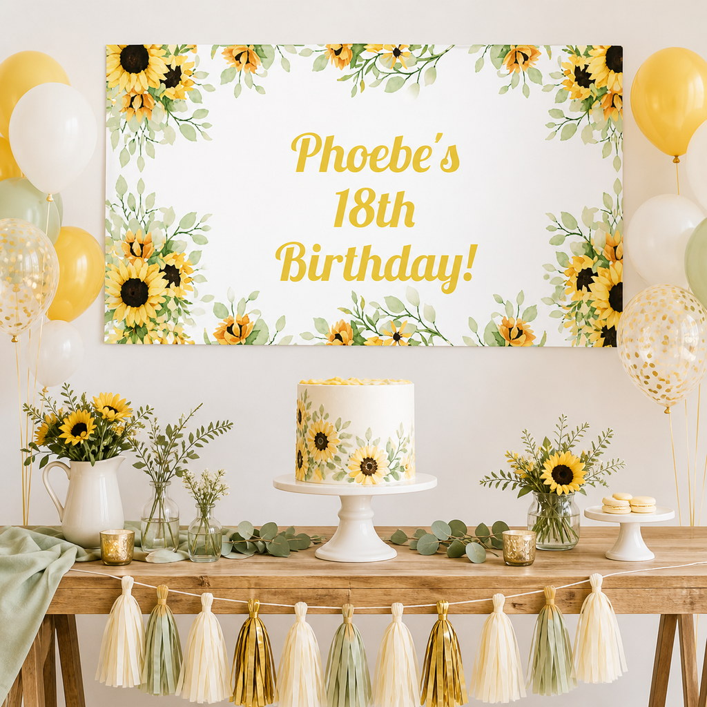 Personalised yellow sunflower 18th birthday decorations with Phoebe's banner and matching cake
