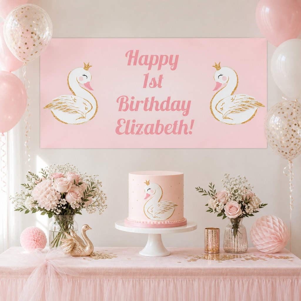 Personalised swan first birthday decorations with Elizabeth's pink and gold banner and matching cake