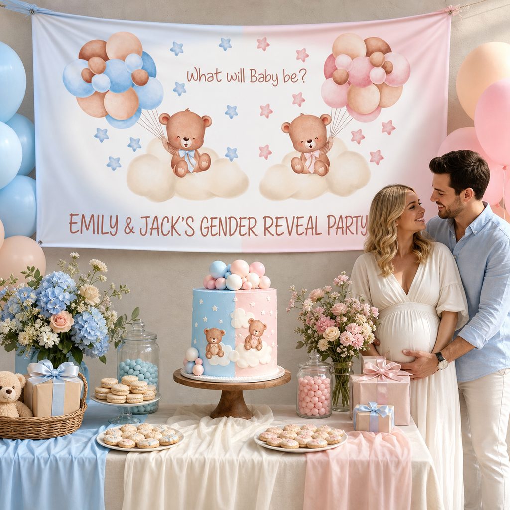 Personalised teddy bear gender reveal decorations with Emily and Jack's pink and blue banner and cake