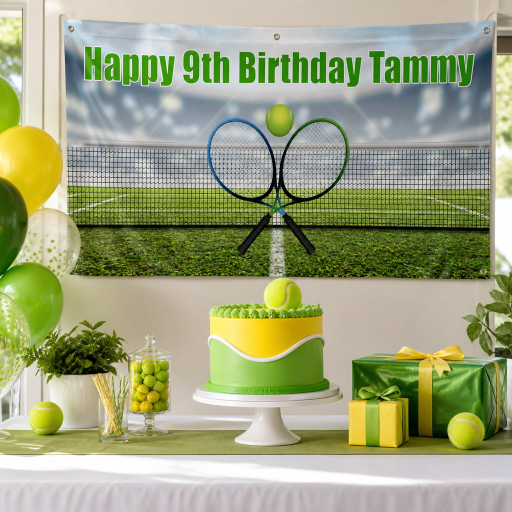 Personalised tennis birthday decorations with Tammy's 9th birthday banner, matching cake and green party styling