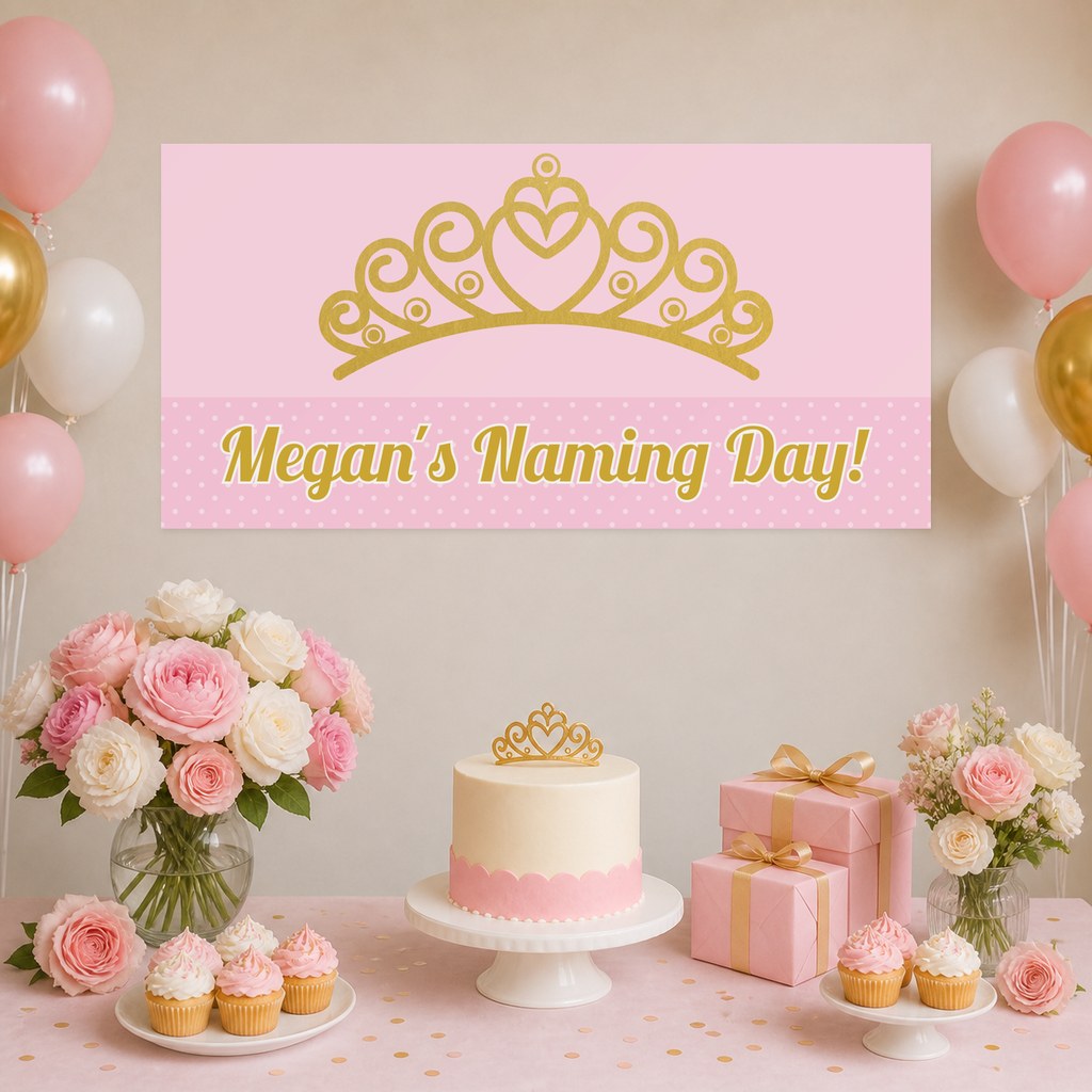 Princess Tiaras Naming Day Decorations with a personalised banner, coordinated cake, gifts and pink and gold tiara styling.