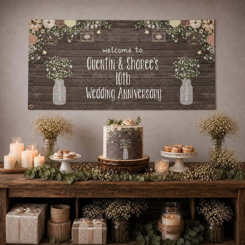 Rustic Timber & Baby's Breath Wedding Anniversary Decorations with a personalised banner, coordinated cake, baby's breath, soft florals and rustic table styling.