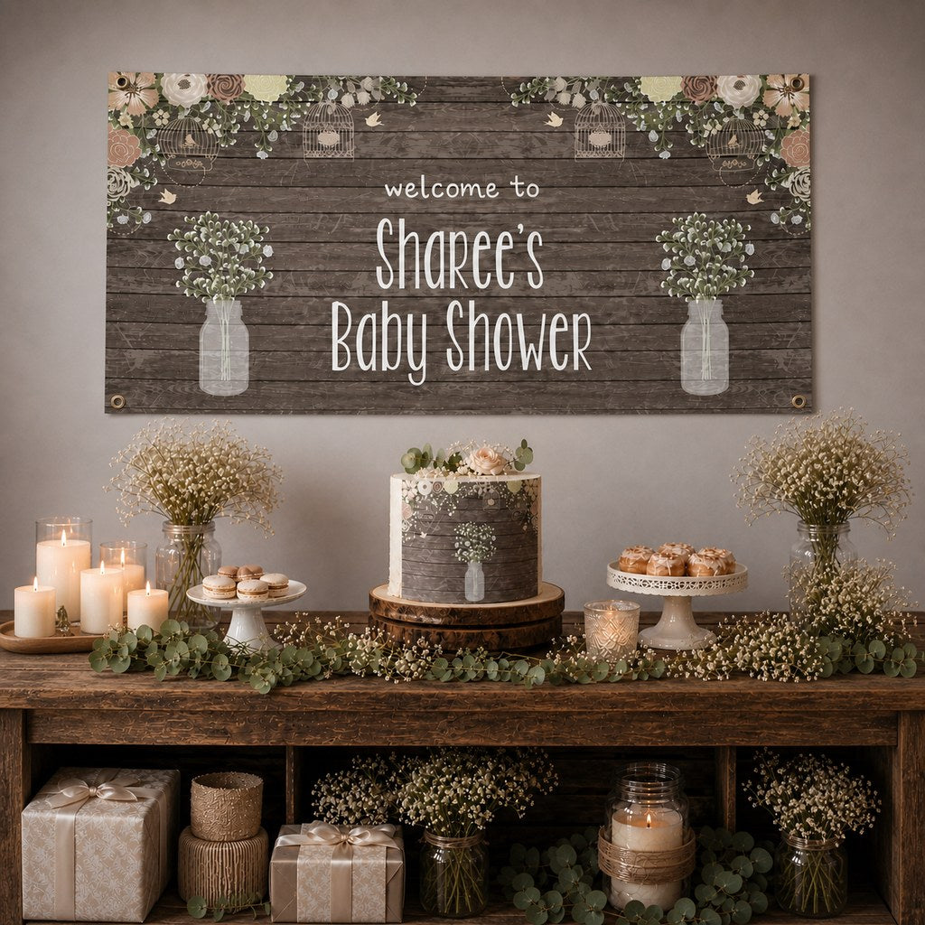 Rustic Timber & Baby's Breath Baby Shower Decorations with a personalised banner, coordinated cake, baby's breath, soft florals and rustic table styling.