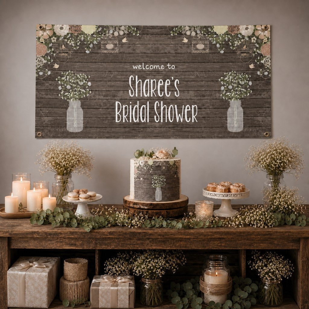 Rustic Timber & Baby's Breath Bridal Shower Decorations with a personalised banner, coordinated cake, baby's breath, soft florals and rustic table styling.