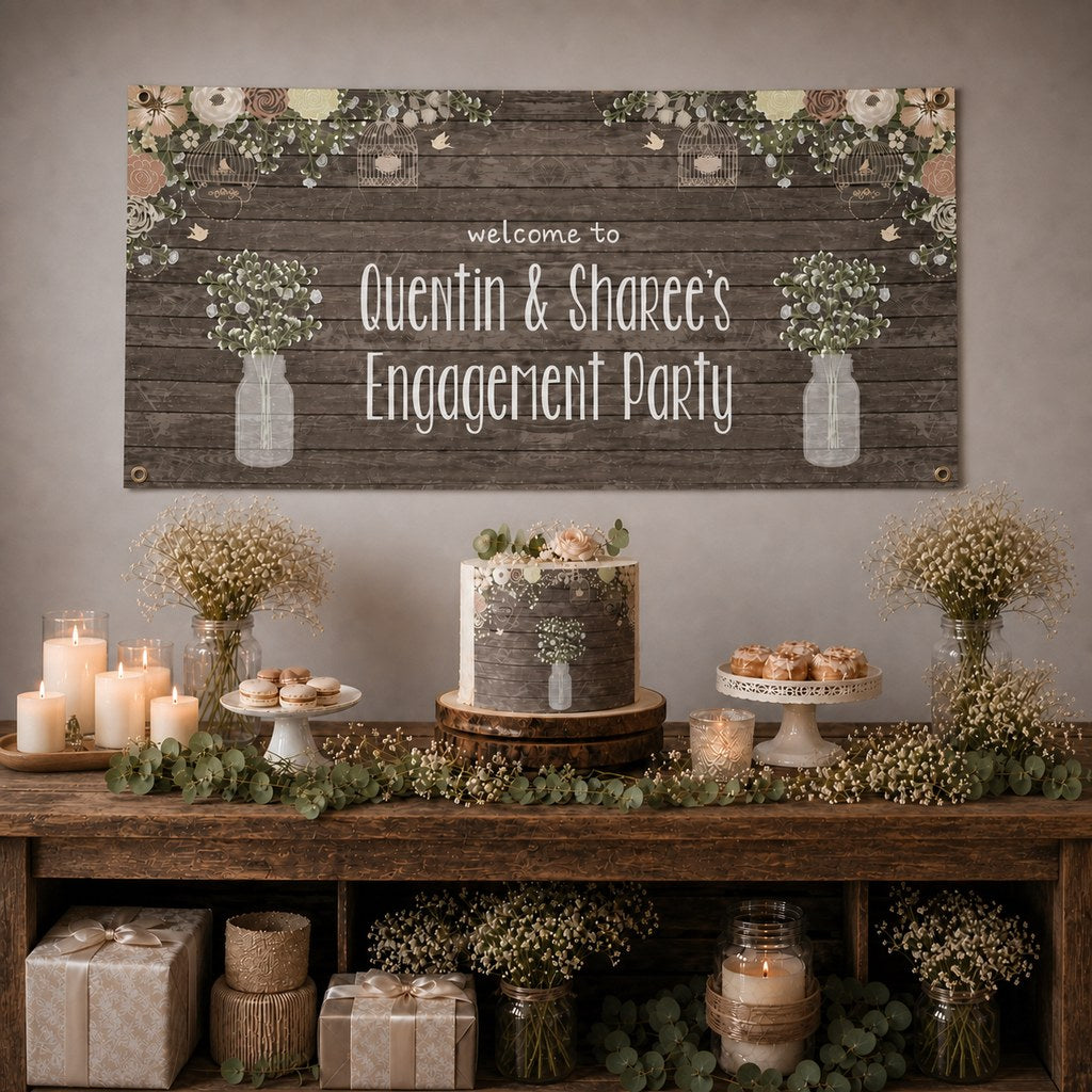 Rustic Timber & Baby's Breath Engagement Party Decorations with a personalised banner, coordinated cake, baby's breath, soft florals and rustic table styling.