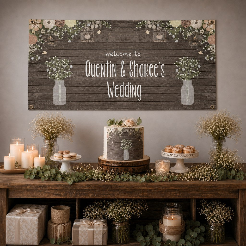 Rustic Timber & Baby's Breath Wedding Decorations with a personalised banner, coordinated cake, baby's breath, soft florals and rustic table styling.