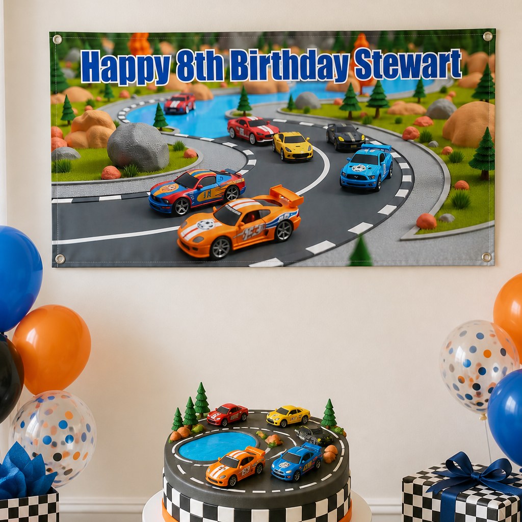 Toy race cars eighth birthday setup with Stewart's personalised racetrack banner and matching cake