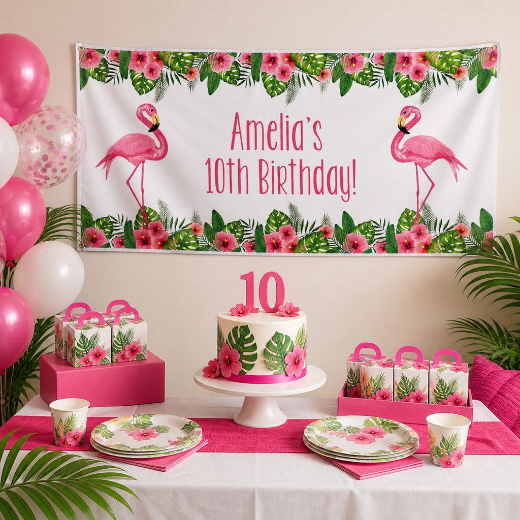 Personalised Tropical Flamingo 10th birthday decorations with Amelia's pink floral banner and matching cake