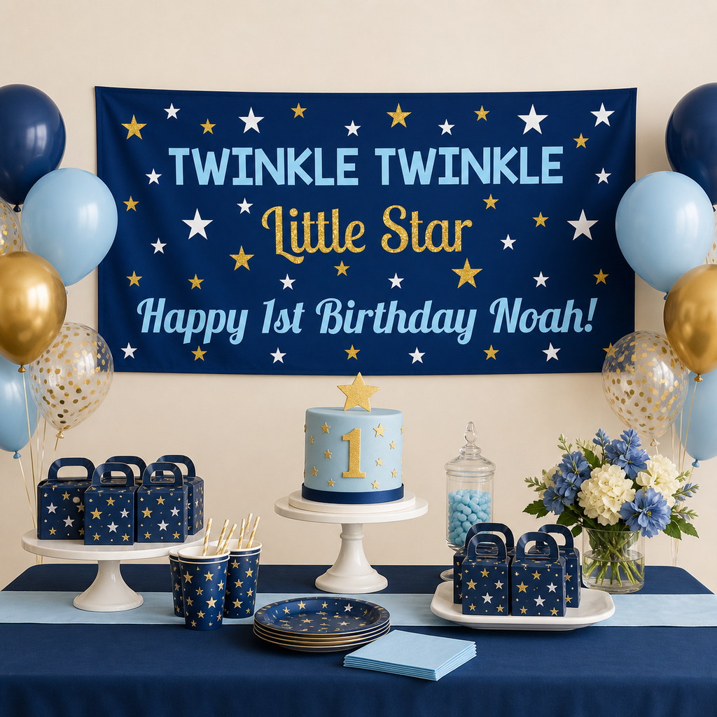 Personalised Twinkle Twinkle Little Star first birthday decorations with Noah's navy banner and matching cake