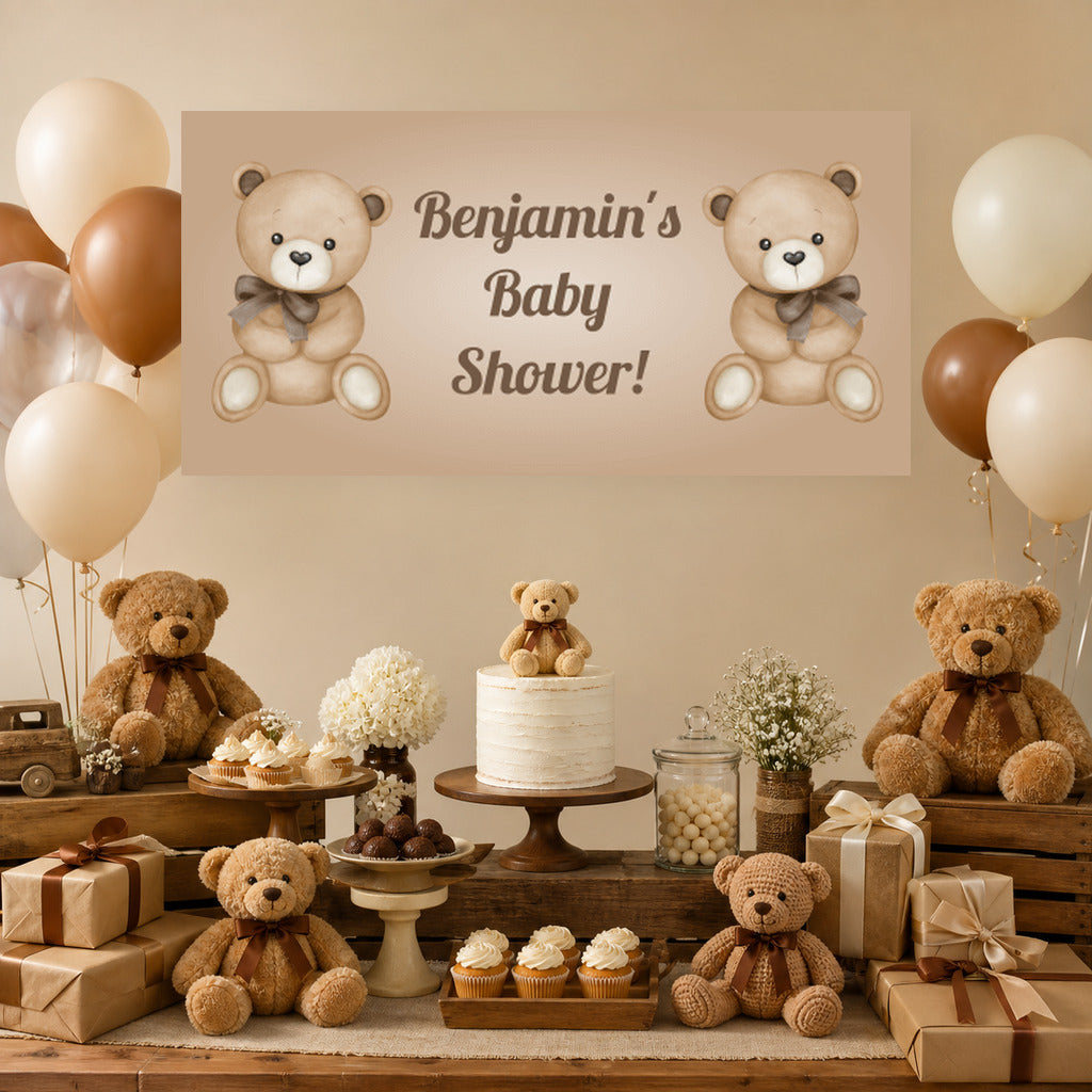 Vintage teddy bear baby shower dessert table with Benjamin's personalised banner, cake, neutral balloons and matching decorations.