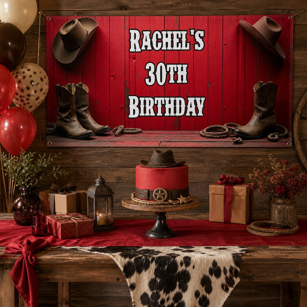 Personalised red western birthday decorations with Rachel's 30th birthday banner, matching cake and party styling
