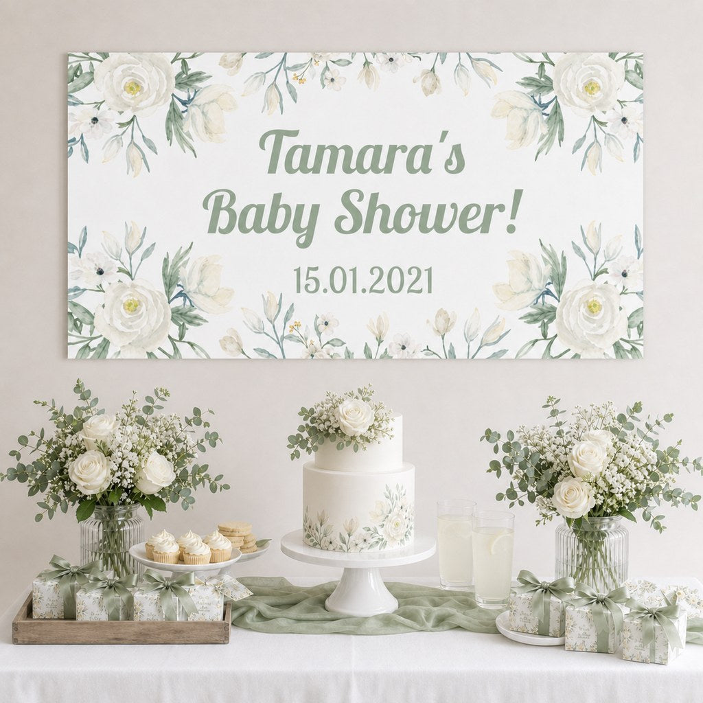 White Floral Baby Shower Decorations with a personalised banner, coordinated cake, white roses and sage foliage.