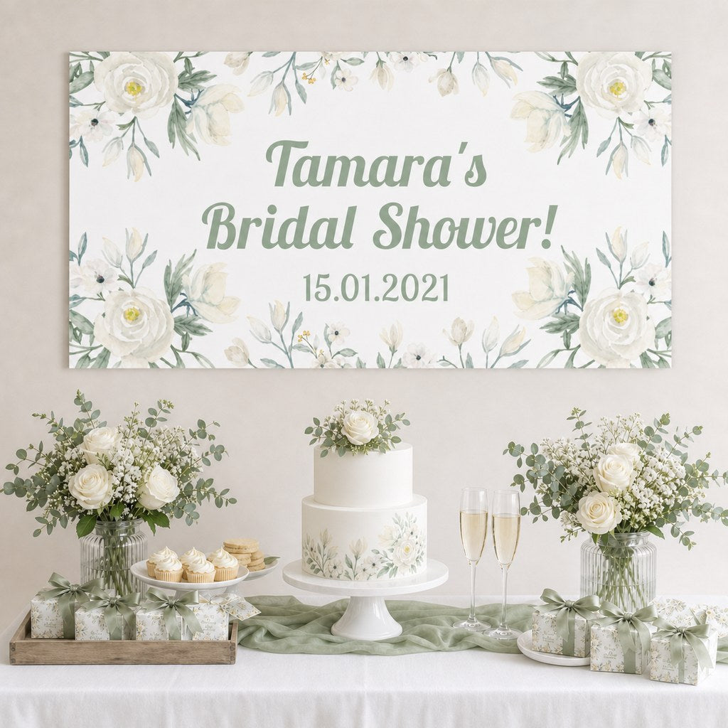 White Floral Bridal Shower Decorations with a personalised banner, coordinated cake, white roses and sage foliage.