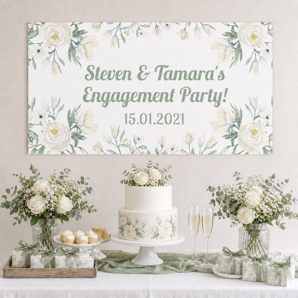 White Floral Engagement Party Decorations with a personalised banner, coordinated cake, white roses and sage foliage.