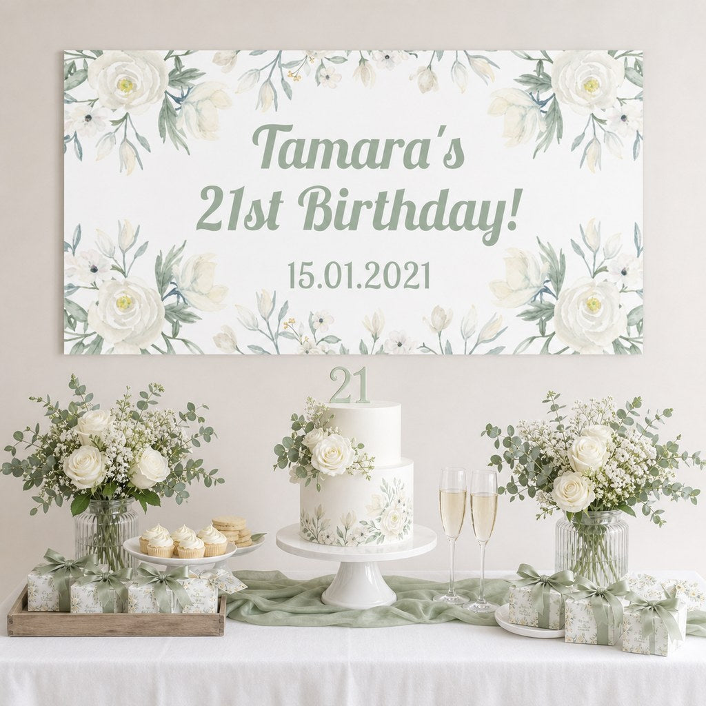 White Floral Birthday Party Decorations with a personalised banner, coordinated cake, white roses and sage foliage.