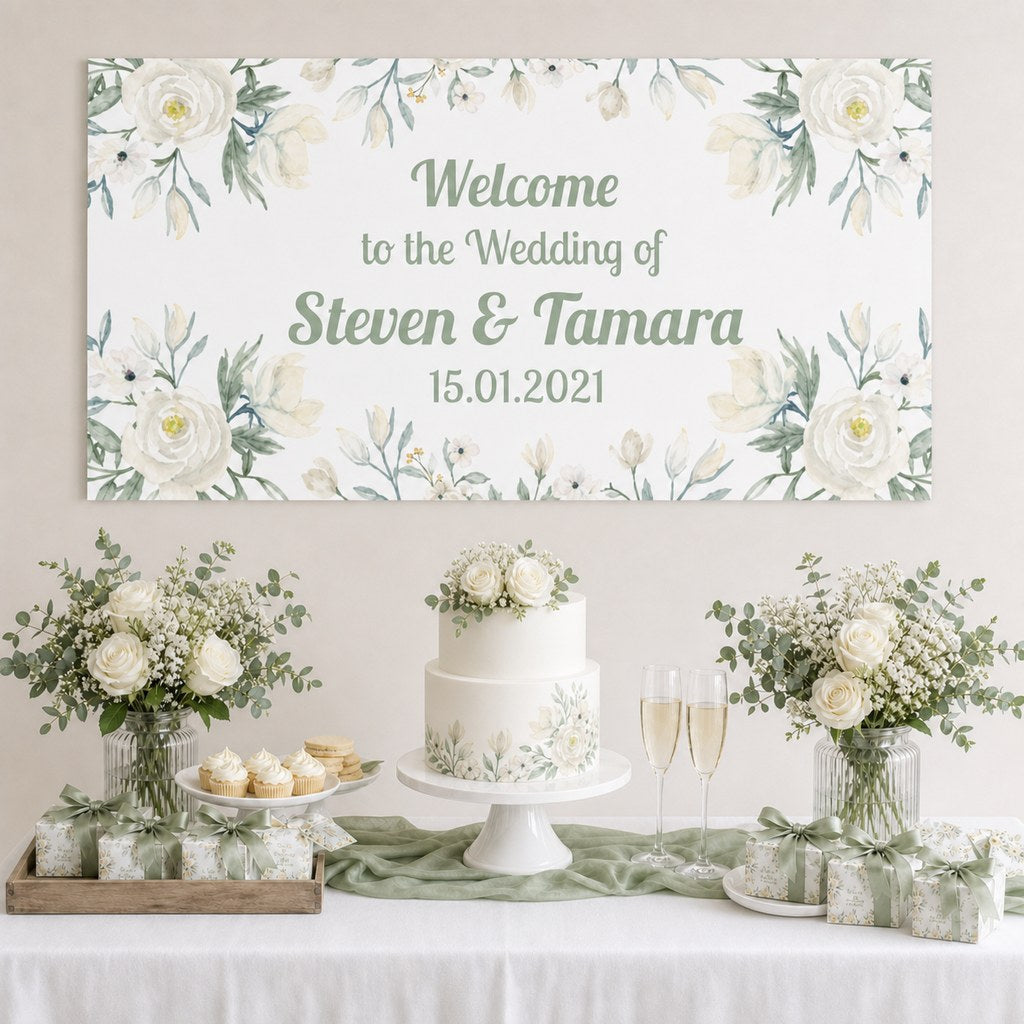 White Floral Wedding Decorations with a personalised banner, coordinated cake, white roses and sage foliage.
