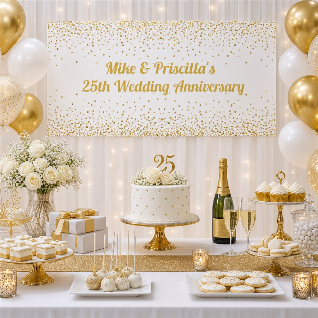 White and gold confetti wedding anniversary decorations with personalised banner and dessert table