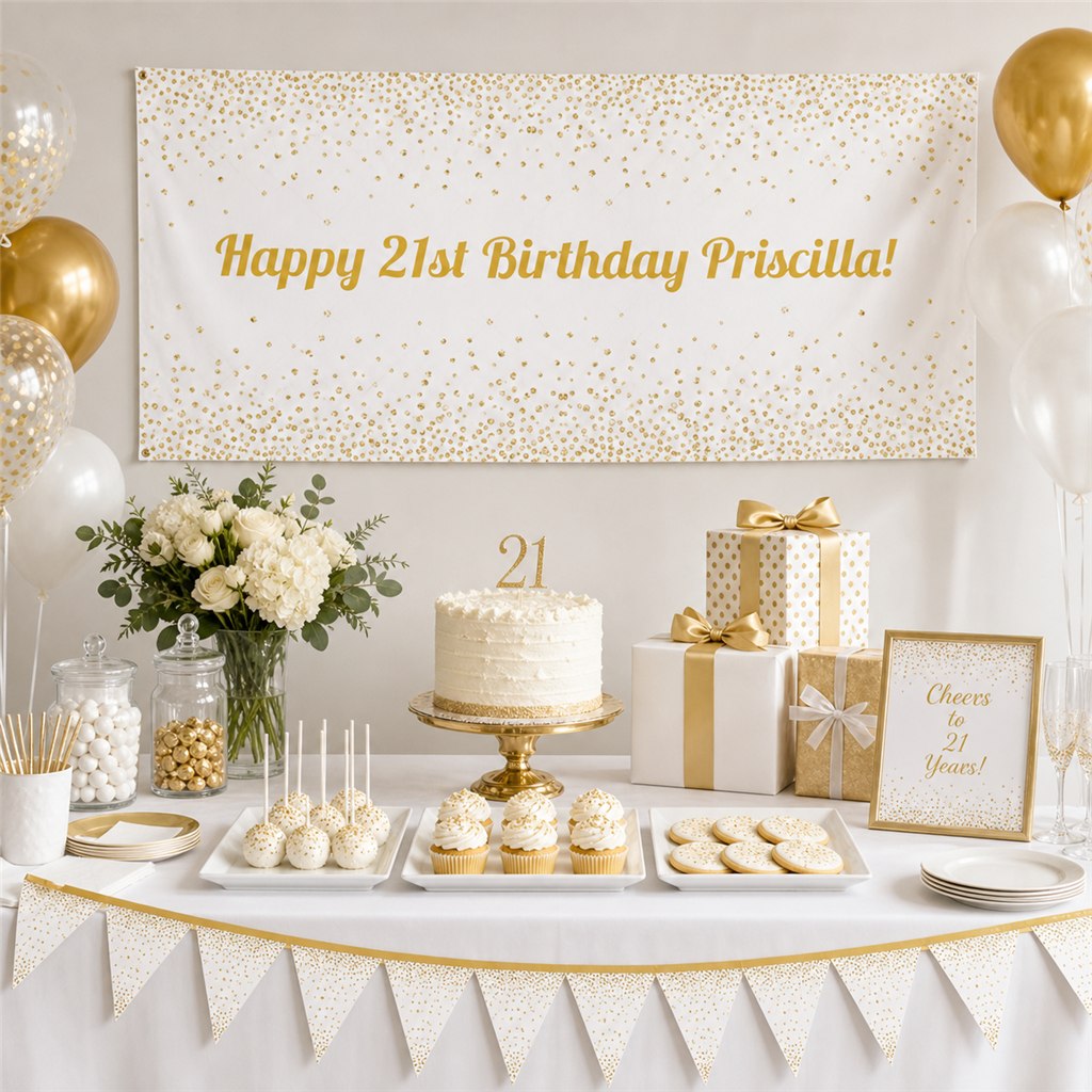 White and gold 21st birthday party dessert table with Priscilla’s personalised banner, balloons, cake and matching decorations.