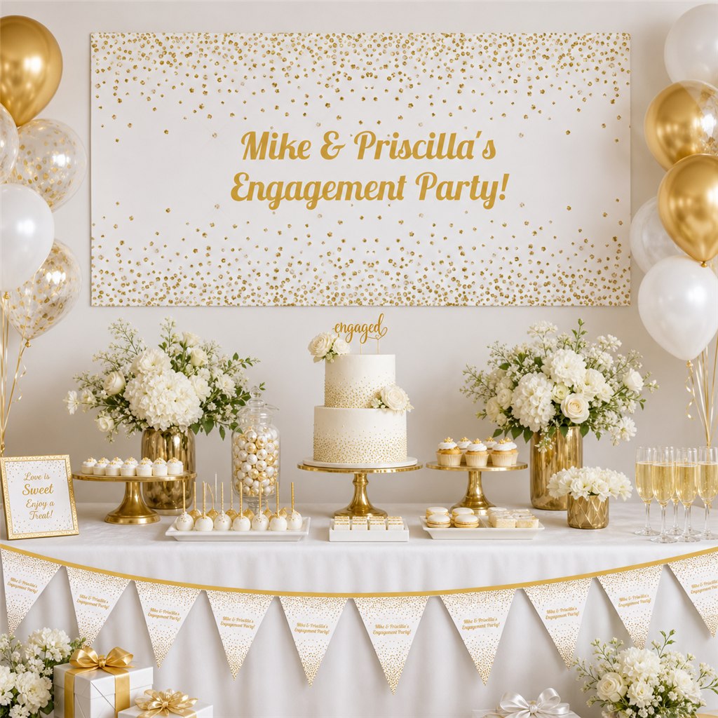 White and gold engagement party dessert table with Mike and Priscilla’s personalised banner, cake, balloons and matching decorations.