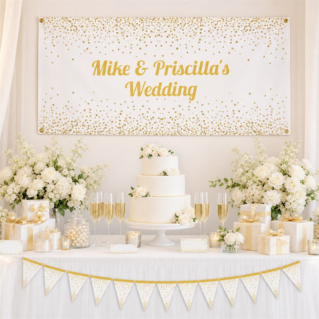 White and gold confetti wedding decorations with personalised banner and reception table
