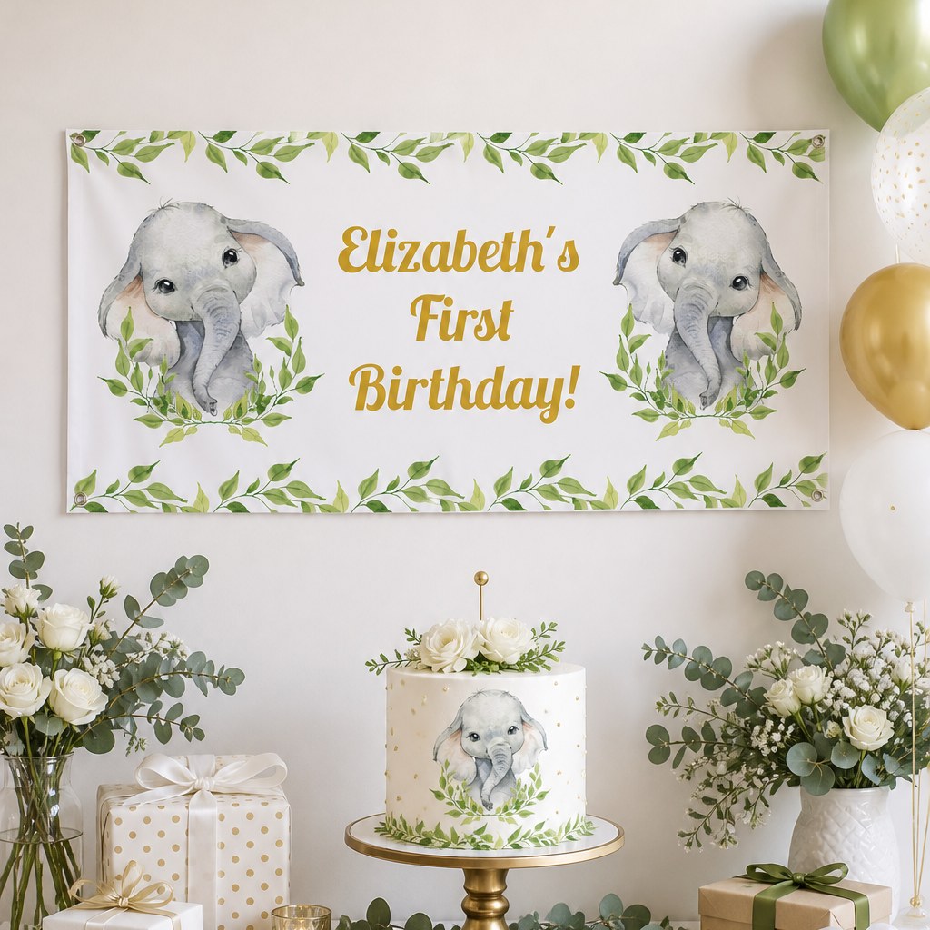 White greenery elephant naming day setup with Elizabeth's personalised watercolour banner and matching cake